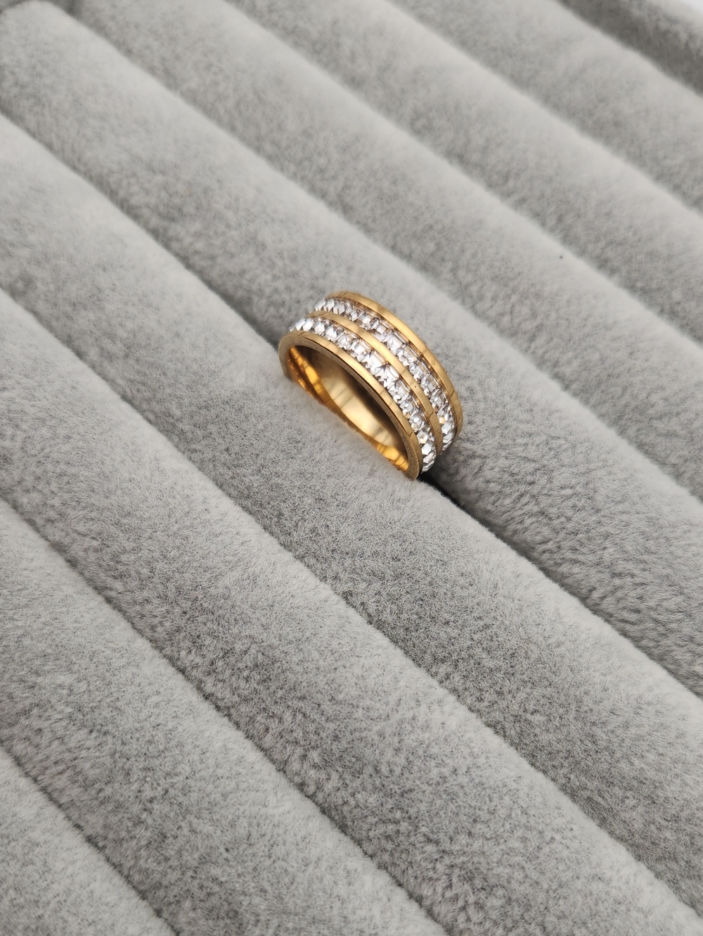 18K Gold Plated Stainless Steel Double Row Zircon Band Ring Statement Stackable